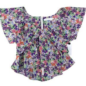 ASTR The Label Women's Blouse Peplum Purple Floral Back Zip Short Sleeve  Large